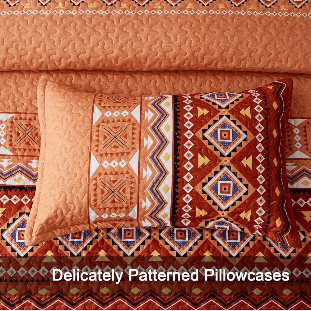 King Size Orange Quilt Set Geometric Pattern - Picture 5 of 8
